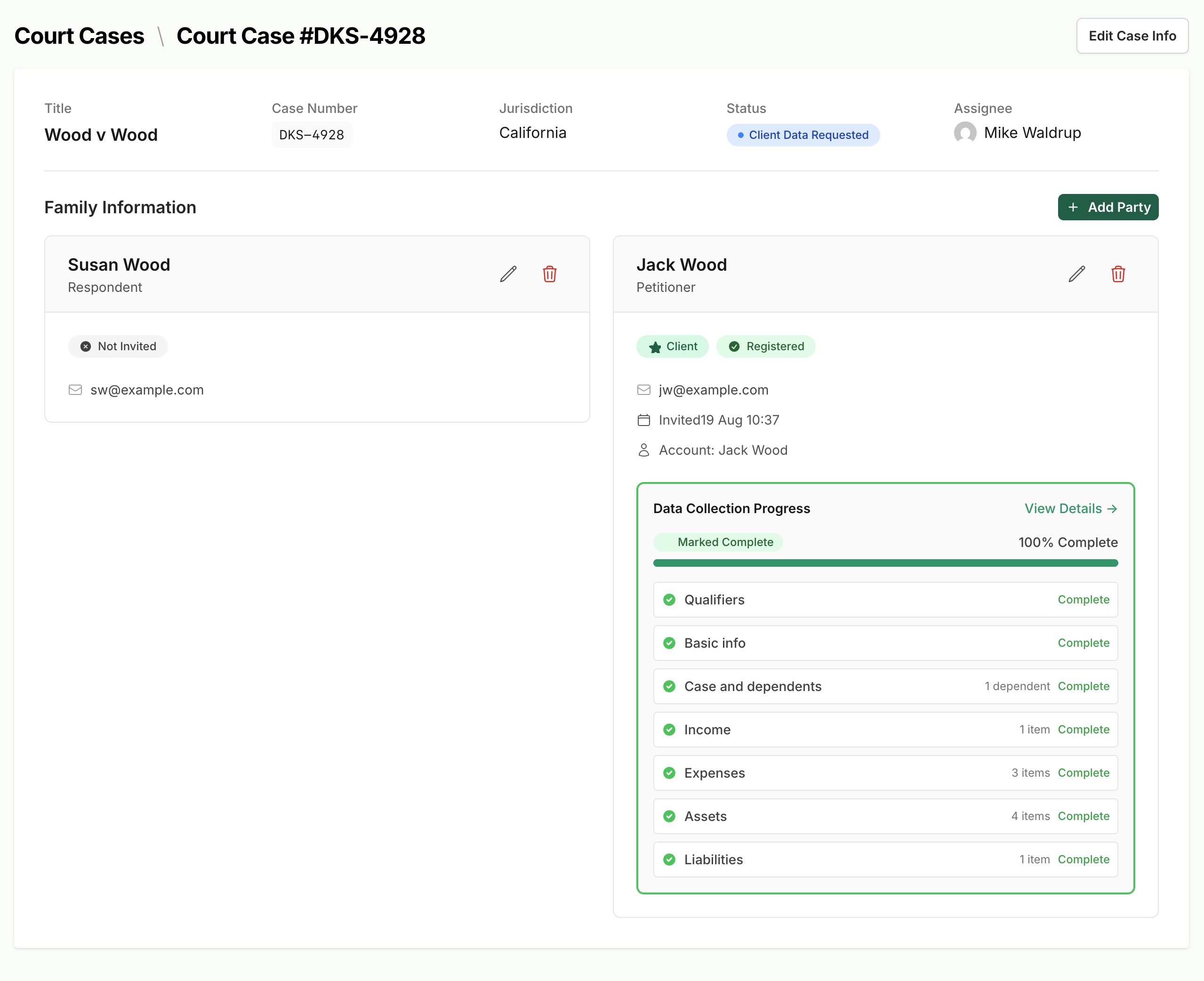 Case dashboard showing party information and data collection status