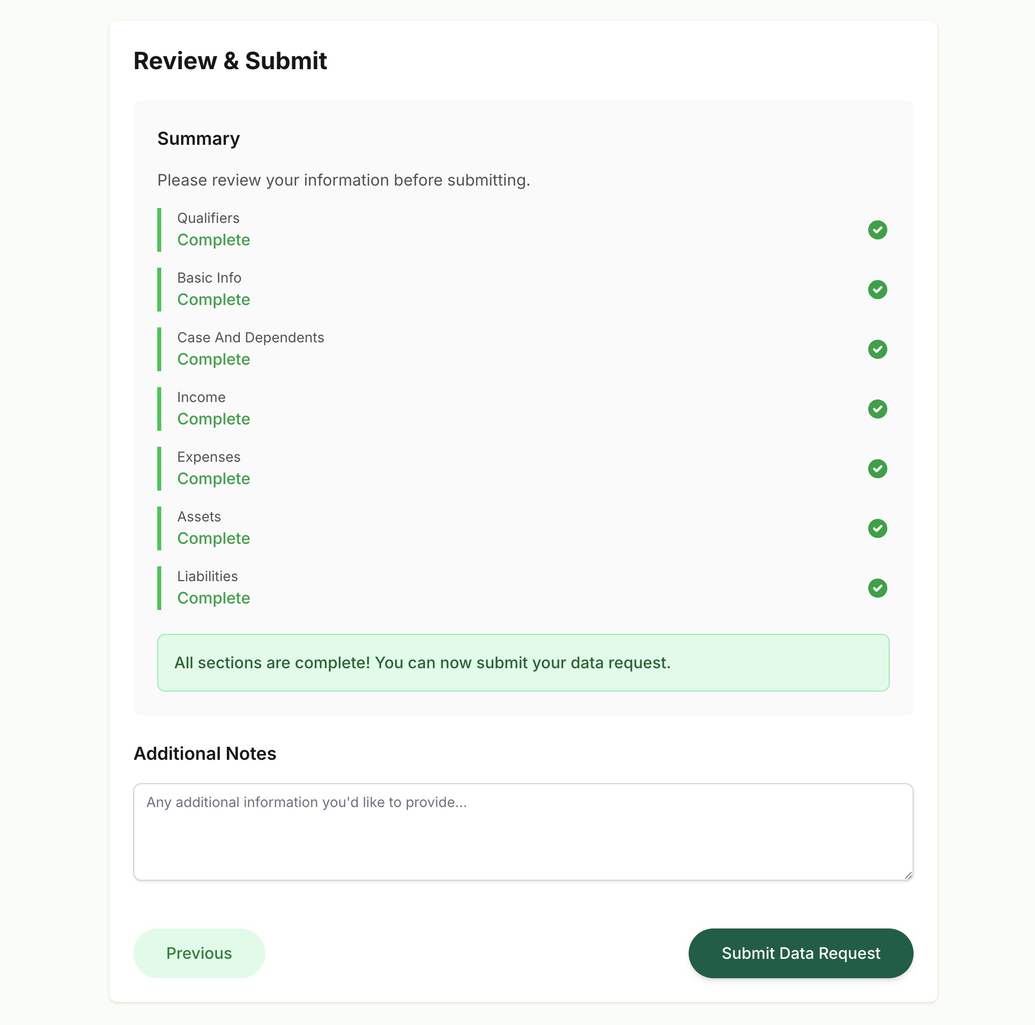 Client portal showing multi-step financial intake form