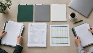 Divorce financial planning work session with sorted document folders and tax forms on a conference table
