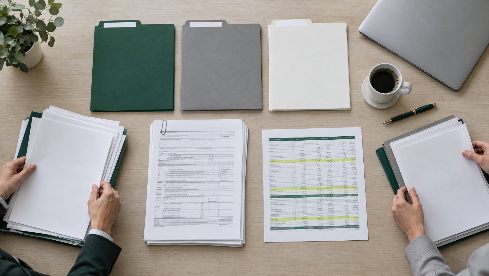 Divorce financial planning work session with sorted document folders and tax forms on a conference table